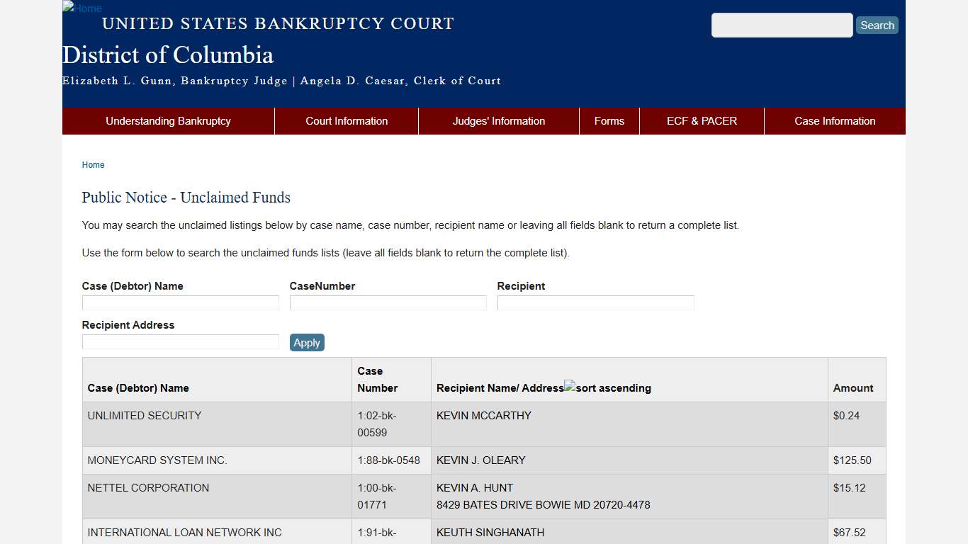 Public Notice - Unclaimed Funds | District of Columbia | United States Bankruptcy Court